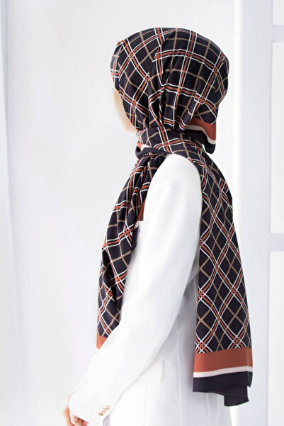 Vissona LÜKS MEDİNE İPEĞİ EKOSE DESENLİ SİYAH - GÜL KURUSU RENKLİ 75X195 KIRIŞMAZ ŞAL MOSS KREP DİKİŞ TİPİ İ