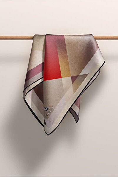 Vissona %100 Twill İpek Geometrik Desenli Bej - Kırmızı Renkli 90x90 Eşarp Dikim Şekli : El Dikişi
