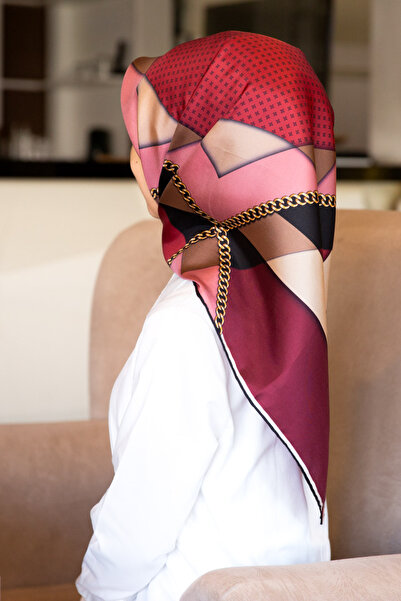 Vissona 100% Twill Silk Geometric Patterned Burgundy - Beige Colored 90X90 Scarf Sewing Shape: Hand Sewing