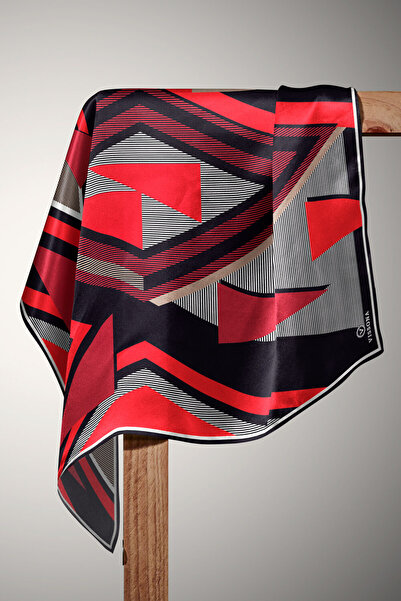 Vissona 100% Twill Silk Geometric Pattern Burgundy - Black Color 90X90 Scarf Planting Shape : Hand Sewn