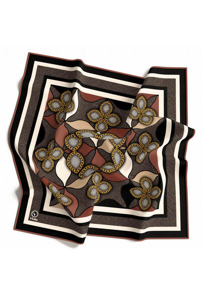 VİOLLA Twill Zincir Desenli Bakır Renkli 90x90 Eşarp (İpek İçermez) Kenar Dik...