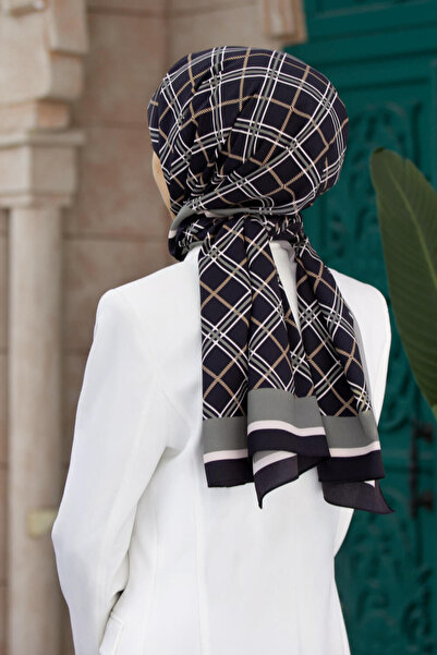 Vissona LÜKS MEDİNE İPEĞİ EKOSE DESENLİ SİYAH - GRİ RENKLİ 75X195 KIRIŞMAZ ŞAL MOSS KREP DİKİŞ TİPİ İTALYAN