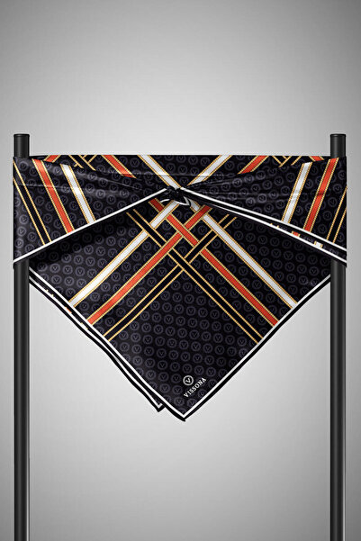 Vissona 100% Twill Silk Gold Striped Monogram Patterned Black - Tan Colored 90X90 Scarf Sewing Shape: Hand Sewing