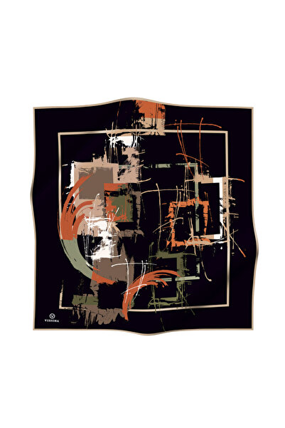 Vissona Geometric Patterned Tan-Khaki Silk Scarf - 100% Twill, 90X90, Hand Stitched