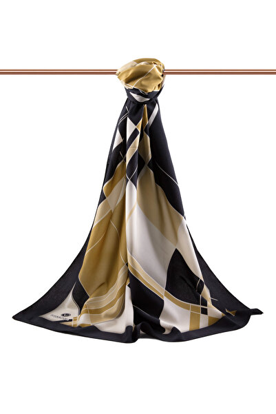 Vissona LÜKS MEDİNE İPEĞİ GEOMETRİK DESENLİ HARDAL RENKLİ 75X195 KIRIŞMAZ ŞAL MOSS KREP DİKİŞ TİPİ İTALYAN D