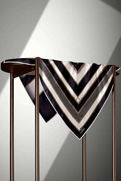 Vissona 100% Twill Silk Chain Λεπτομερές γεωμετρικό σχέδιο Μαύρο - Κρεμ χρώμα 90x90 Φουλάρι Σχήμα ραπτικής: El Di