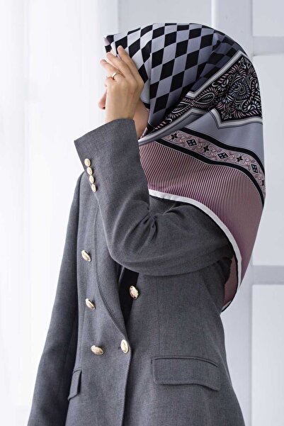 Vissona %100 Twill İpek Karo Desenli Pudra - Gri Renkli 90x90 Eşarp Dikim Şek...