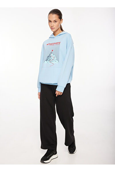 Discovery Expedition Mavi Kadın Kapüşon Yaka Oversize Baskılı Sweatshirt D3WL...