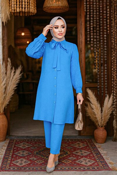 Neva Style Синій хіджаб подвійний 51991M з плісированими рукавами