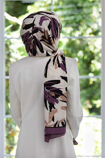 Vissona LÜKS MEDİNE İPEĞİ YAPRAK DESENLİ LİLA RENKLİ 75X195 KIRIŞMAZ ŞAL MOSS KREP DİKİŞ TİPİ İTALYAN DİKİŞL