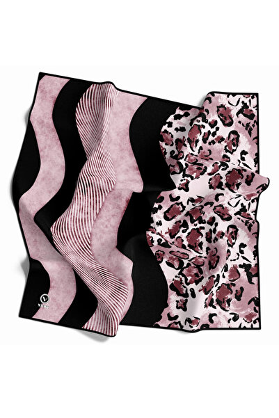 VİOLLA Twill Dalgalı Leopar Desenli Gül Kurusu Renkli 90x90 Eşarp (İpek İçerm...