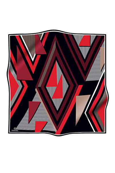 Vissona 100% Twill Silk Geometric Pattern Burgundy - Black Color 90X90 Scarf Planting Shape : Hand Sewn