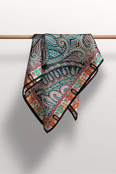 Vissona 100% Twill Silk Etro Pattern Μαύρο - Τιρκουάζ Χρώμα 90x90 Σχήμα ραψίματος κασκόλ: Ράψιμο στο χέρι