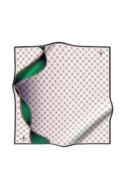 Vissona 100% Twill Silk Chain and Monogram Patterned Cream - Emerald Green Colored 90x90 Φουλάρι Σχήμα Ραπτικής: E