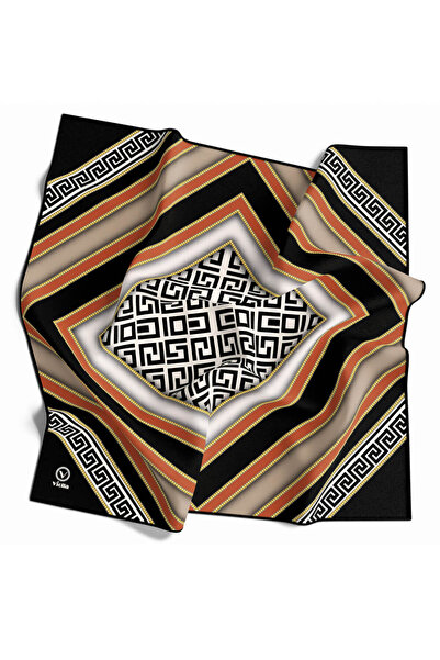 VİOLLA Twill Gold Çerçeveli Antik Desenli Taba Renkli 90x90 Eşarp (İpek İçerm...