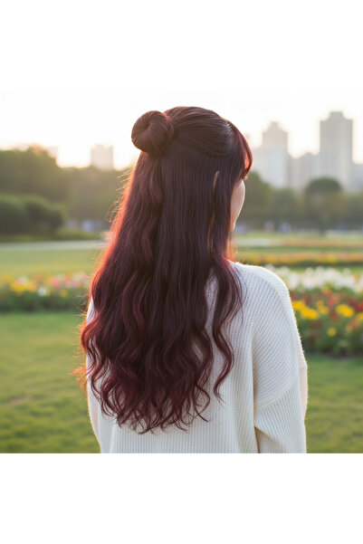 Mina Peruk Fiber Sentetik Dalgalı Yarım Ay + 2 Yan Çıt Çıt - Koyu Kızıl