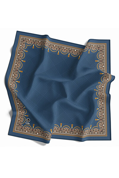 VİOLLA Twill Ekoseli Şal Desenli İndigo Renkli 90x90 Eşarp (İpek İçermez) Ken...