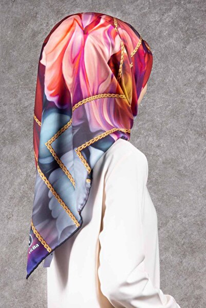 VİOLLA Twill Gül Desenli Kırmızı - Bebe Mavisi Renkli 90x90 Eşarp (İpek İçerm...