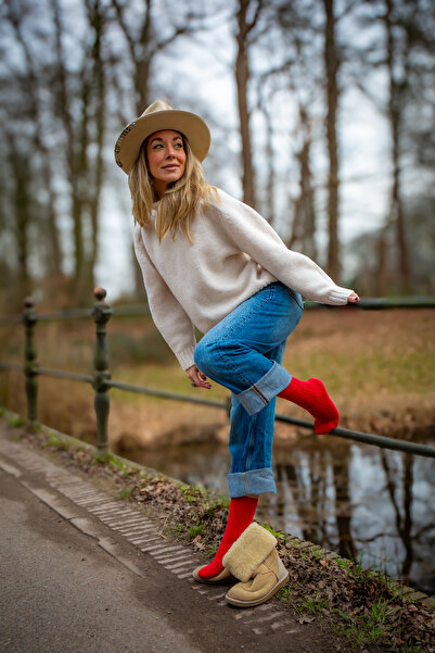 Bambuleyyo Çorap Kadın Kaşmir Yün Çorap - 2'li Paket (BEDEN 36-41) - Kırmızı Ve Gri Fitilli