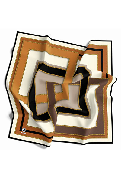 VİOLLA Twill Çerçeve Desenli Taba - Siyah Renkli 90x90 Eşarp (İpek İçermez) Kenar Dikiş Şekli El Dikişli