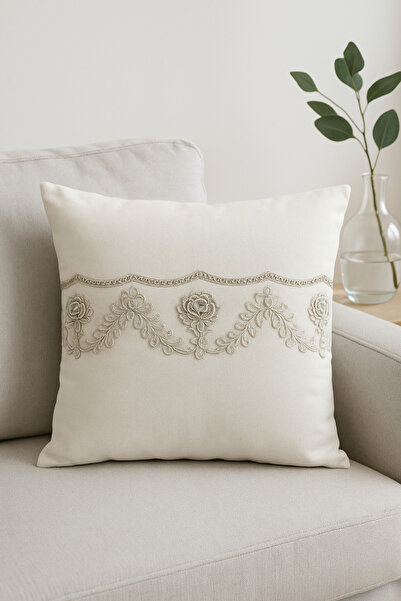 zümal tekstil tasarım Dantelli Keten Dekoratif Yastık Kırlent Kılıfı (KREM)