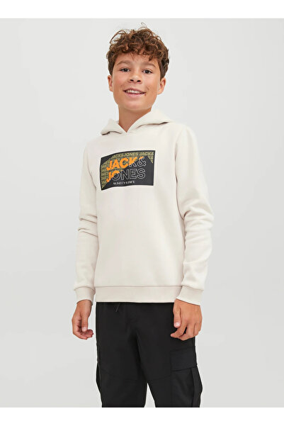Jack & Jones Bej Erkek Çocuk Kapüşonlu Uzun Kollu Baskılı Sweatshirt JCOLOGAN...