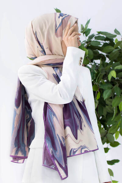 Vissona LÜKS MEDİNE EBRU DESENLİ LİLA RENKLİ 75X195 KIRIŞMAZ ŞAL MOSS KREP DİKİŞ TİPİ İTALYAN DİKİŞLİ