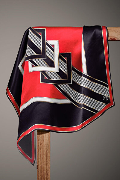 Vissona %100 Twill İpek Kareli Kazayaklı Desenli Siyah - Kırmızı Renkli 90x90 Eşarp Kenar Dikiş Şekli El Dik