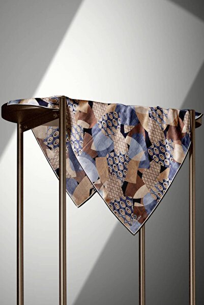 Vissona 100% Twill Silk Geometric Pattern Gray - Milky Brown Colored 90X90 Scarf Scarf Edge Stitching Shape Hand Di