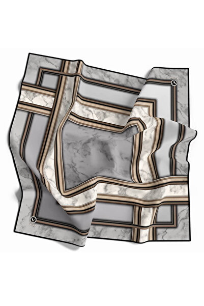 VİOLLA Twill Geometrik Desenli Gri Renkli 90x90 Eşarp (İpek İçermez) Kenar Di...
