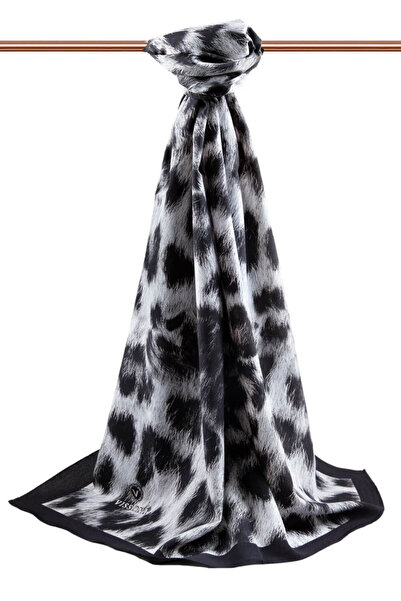 Vissona LÜKS MEDİNE İPEĞİ LEOPAR DESENLİ SİYAH - KREM RENKLİ 75X195 KIRIŞMAZ ŞAL MOSS KREP DİKİŞ TİPİ İTALYA