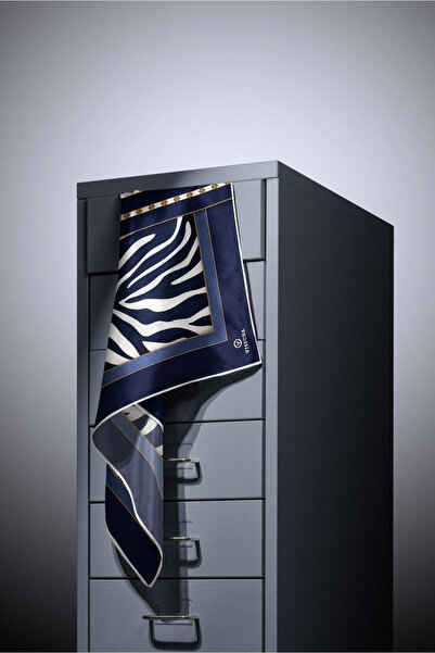 Vissona 100% Твіл, шовк, зебра-візерунок, темно-синій - кремовий колір, 90x90, шарф, ручне шиття по краях