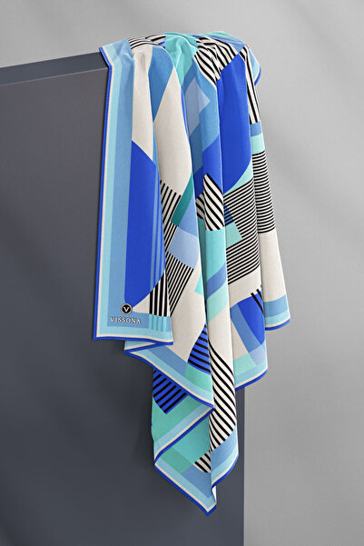 Vissona Baby Blue γεωμετρικό σχέδιο Twill Silk - Saks Πολύχρωμο κασκόλ 90x90 ραμμένο στο χέρι