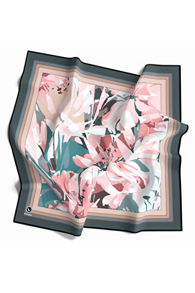 VİOLLA Twill Büyük Çiçek Desenli Koyu Mint Yeşili Renkli 90x90 Eşarp (İpek İç...