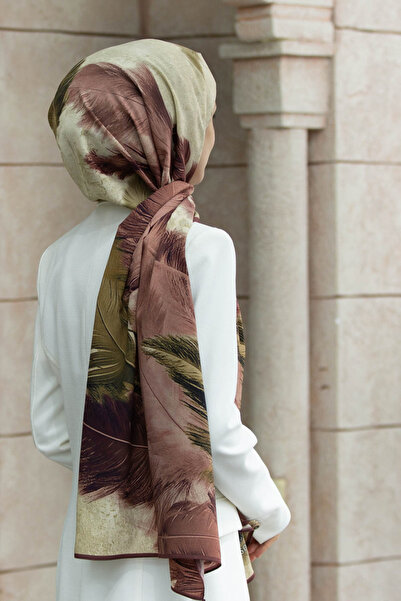 Vissona LÜKS MEDİNE İPEĞİ YAPRAK DESENLİ GÜL KURUSU - BEJ RENKLİ 75X195 KIRIŞMAZ ŞAL MOSS KREP DİKİŞ TİPİ İT