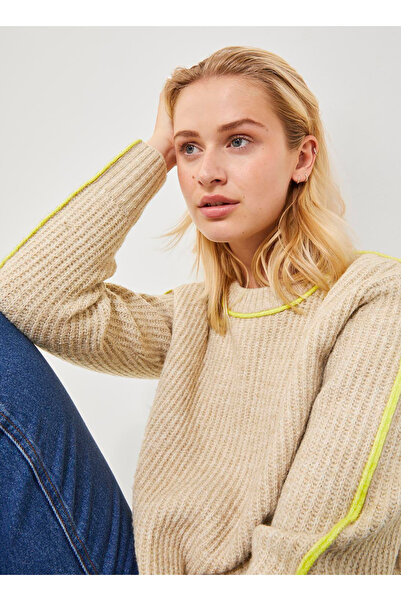 JJXX Bisiklet Yaka Bol Kesim Düz Kum Melanj Kazak Kadın JXLEONORA DIVERSE RIB...