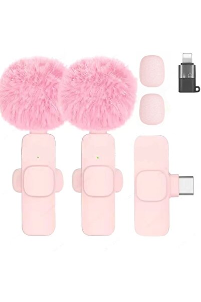 Zilvana Kablosuz Tüylü Pembe Yaka Mikrofonu Type-C ve Apple Girişli 2’li Set Bluetooth 5.0