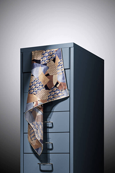 Vissona 100% Twill Silk Geometric Pattern Gray - Milky Brown Colored 90X90 Scarf Scarf Edge Stitching Shape Hand Di