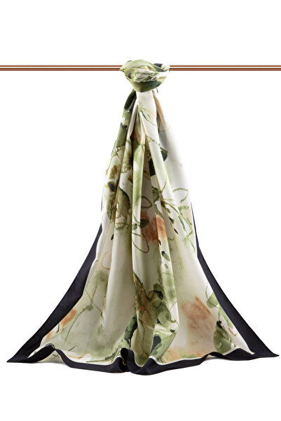 Vissona Luxury Medina Silk - Watercolor, Leaf Pattern, Khaki Green, 75X195 Kimez Moss Crepe Outlet Ti