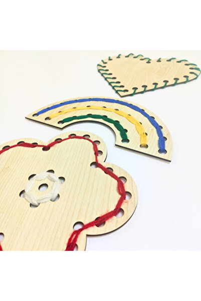 Dodo Montessori مجموعة بطاقات الخياطة والأنماط الخشبية - 3 أشكال مختلفة، إبرة...