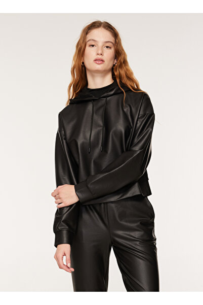 Black On Black Kapüşon Yaka Düz Siyah Kadın Sweatshırt B3WL-SWT36