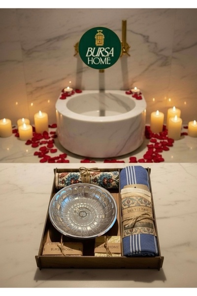 Bursa Home Kutulu Luxury Hamam Seti & Çeyizlik & Hediyelik (Sabun,İpek Kesesi ,Hamam Tası,Topuk Taşı,Peştemal