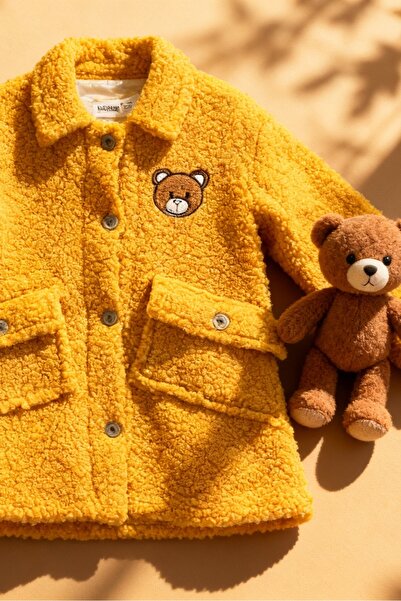 HC Kids Wear Ayicik Nakişli Kız Çocuk Hardal Pelüş Kişlik Kaban