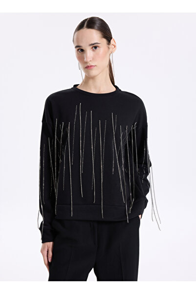 Fabrika Bisiklet Yaka Payetli Siyah Kadın Sweatshırt F3WL-SWT7