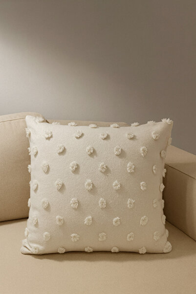 zümal tekstil tasarım Tufting Linen Polka Dot Decorative Throw Pillow Case (Color Cream)