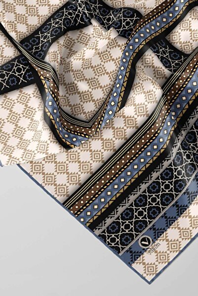VİOLLA Twill Etnik Desenli Bebe Mavisi Renkli 90x90 Eşarp (İpek İçermez) Kena...