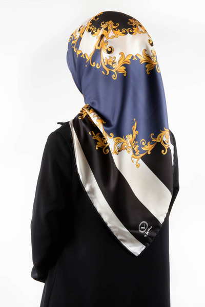 VİOLLA Twill Çizgili Barok Desenli İndigo Renkli 90x90 Eşarp (İpek İçermez)
