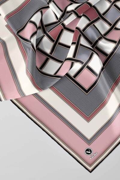 VİOLLA Twill Kare Desenli Pudra - Gri Renkli 90x90 Dikim Şekli : El Dikişi Eşarp (İpek İçermez)