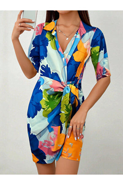 FASHION COCKTAIL Rengarenk Pastel Renkler Önden Bağlamalı Yakalı Kısa Kol Mevsimlik Baharlık Elbise