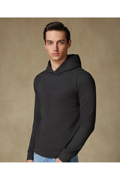 Abbate Hoodie Örme Kumaş Pamuklu Comfort Fit Antrasit Bisiklet Yaka Erkek Nakışlı Hoodie